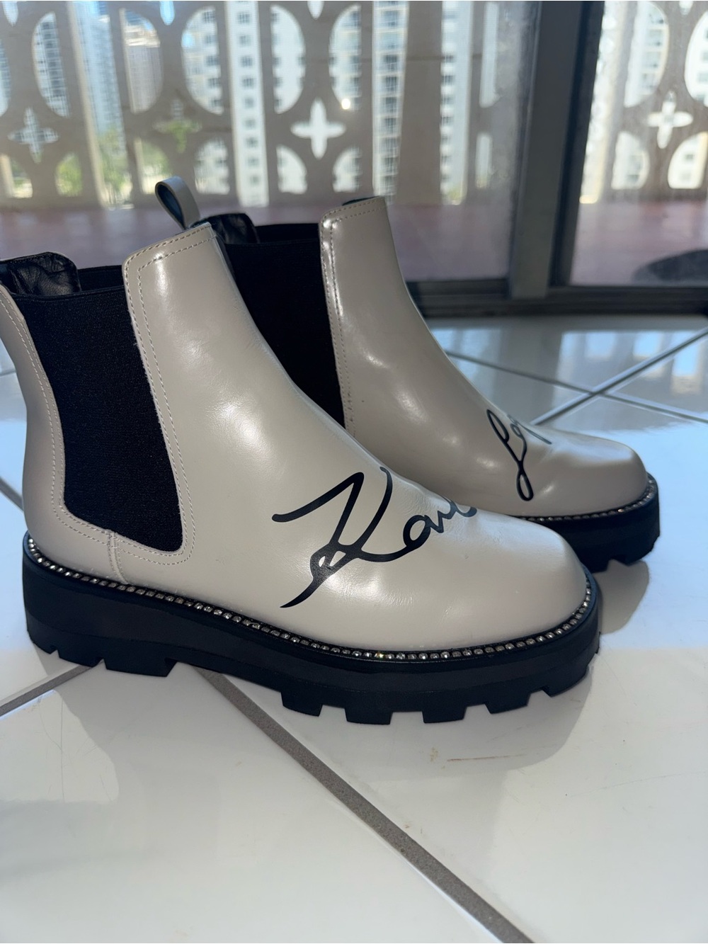 Karl Lagerfeld White Leather Chelsea Boots with Black Elastic and Script